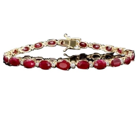 Jewelry - 16.30Ct Natural Red Ruby & Diamond 14K Solid Yellow Gold Bracelet